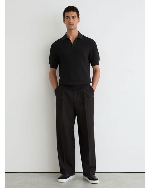 Reiss Black Cotton-Blend Basket-Stitch Open-Collar Polo for men