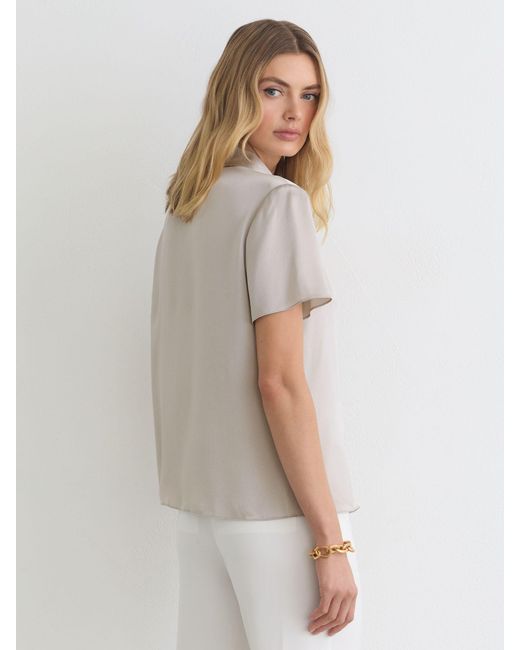 Reiss White Polly - Light Grey Silk Half-button Short-sleeve Shirt, Us 14