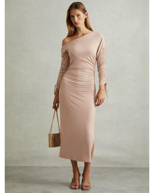 Reiss Natural One-Shoulder Ruched-Jersey Midi Dress