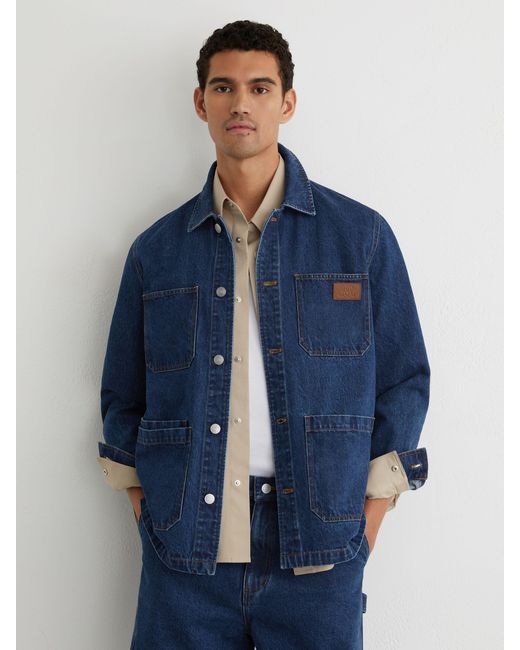 Reiss Blue Monogram-Patch Relaxed Denim Overshirt for men