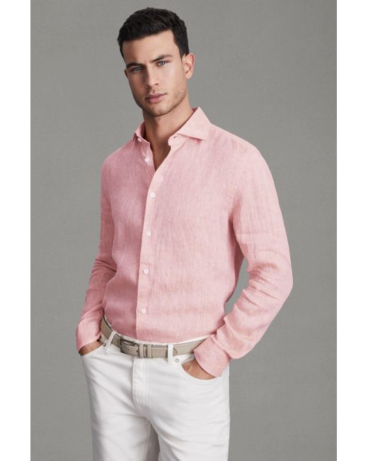 Reiss Pink Ruban - Flamingo Linen Button-through Shirt, S for men