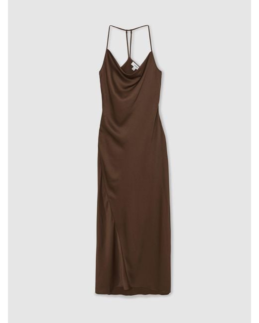 Reiss Brown Satin Cowl-Neck Slip Dress