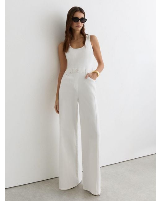 Reiss White Wide-Leg Racer-Back Denim Jumpsuit