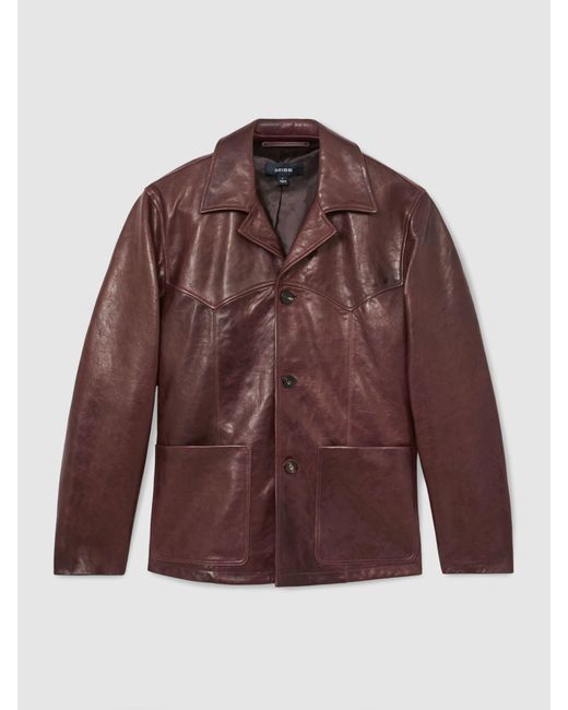 Reiss Brown Burnished-Leather Button-Through Jacket for men