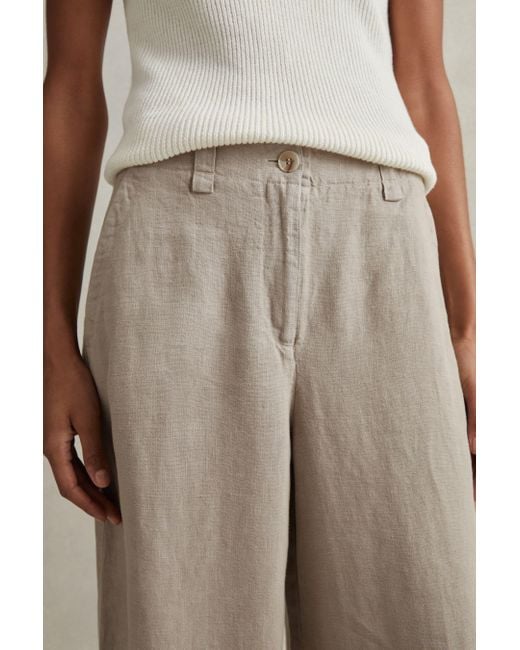 Reiss Natural Demi - Light Khaki Linen Wide Leg Garment Dyed Trousers, Uk 4 R