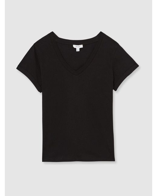Reiss Luana - Black Cotton-jersey V-neck T-shirt, Xs (us 2)