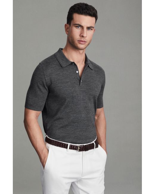 Reiss Gray Manor - Derby Grey Marl Slim Fit Merino Wool Polo Shirt, M for men