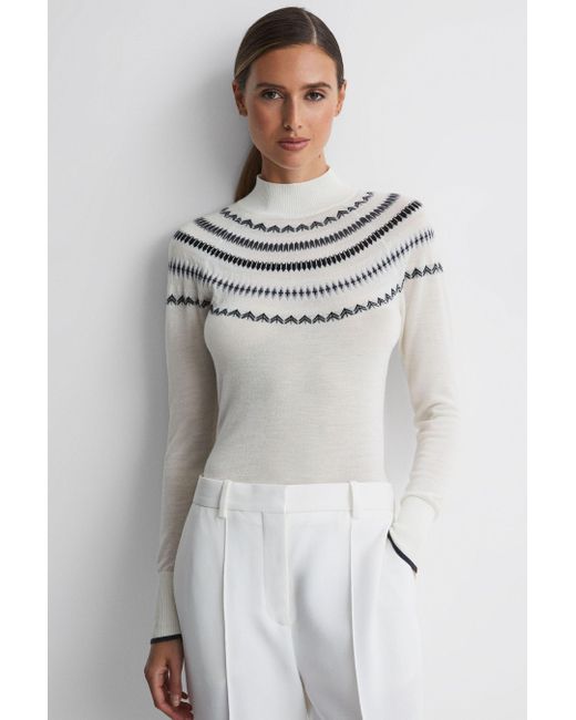 Reiss Sloane Cream/grey Woolcashmere Fairisle Funnel Neck Jumper in