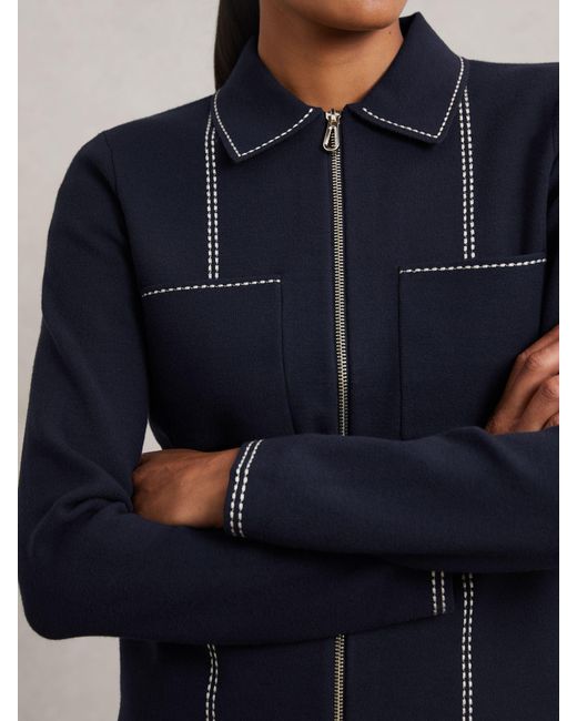 Reiss Blue Stitch-Detail Zip-Through Cardigan