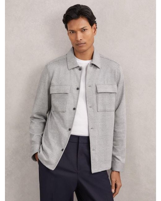 Reiss Gray Laroy - Soft Grey Jersey Check Twin-pocket Overshirt, Xs for men
