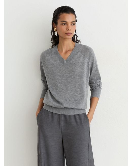 Reiss Gray Merino Wool V-Neck Jumper