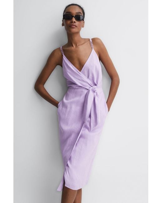 Reiss Purple Esme - Lilac Linen Side Tie Midi Dress, Us 12