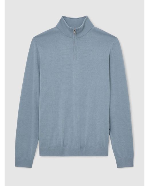 Reiss Blue Merino Wool Half-Zip Funnel-Neck Jumper for men