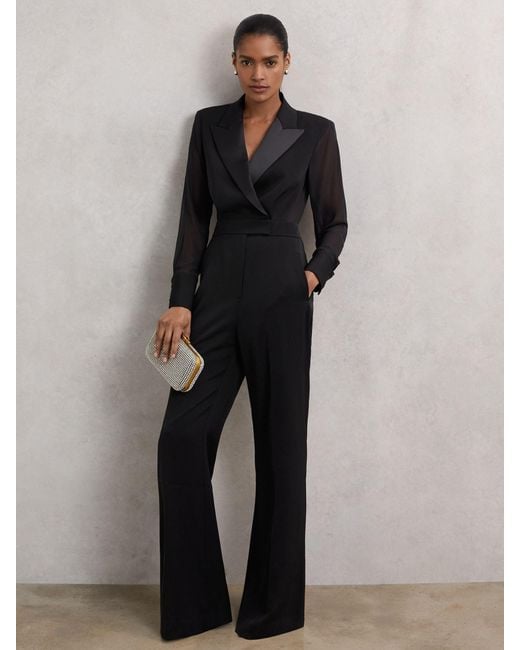 Reiss Black Sheer-Sleeve Tuxedo Jumpsuit