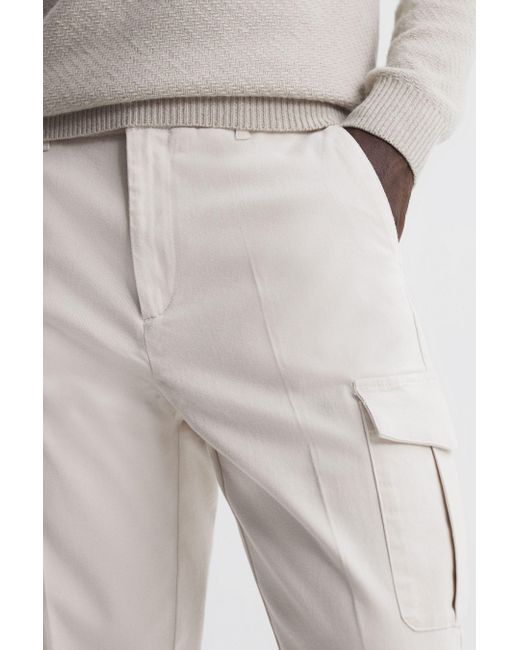 Reiss White Thunder - Ecru Tapered Brushed Cotton Cargo Trousers for men
