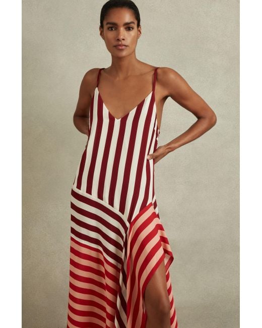 Reiss Red Holly - Burgundy/off White Colourblock Stripe Asymmetric Midi Dress, Us 6