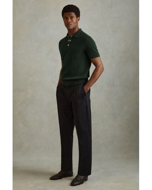Reiss Lupton - Dark Green Cotton Textured Press-stud Polo Shirt for men
