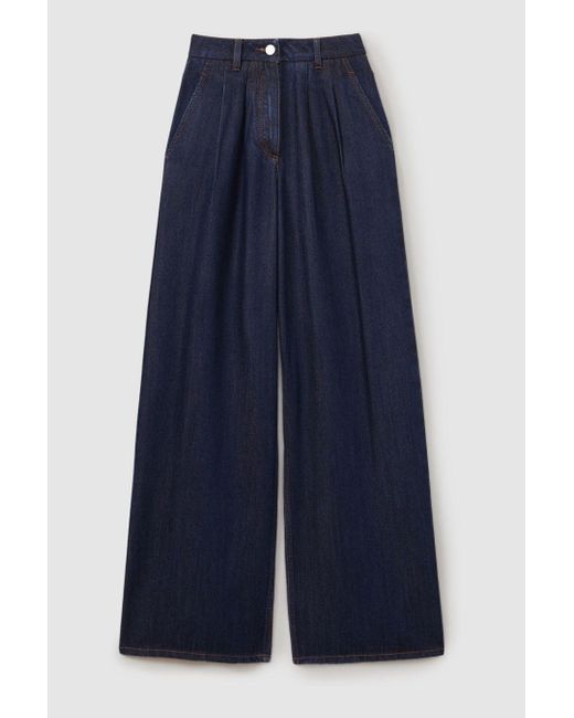 Reiss Blue Raymond - Indigo Double Pleat Wide Leg Jeans, Us 20 Long