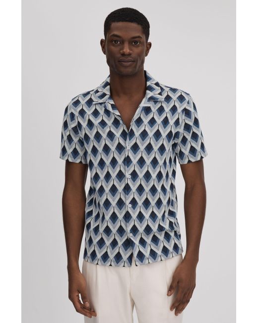 Reiss Blue Beech - Navy Multi Cotton Blend Jacquard Cuban Collar Shirt, Xxl for men