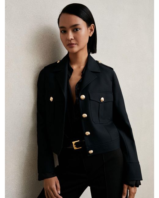 Reiss Black Wool Twin-Pocket Cropped Jacket