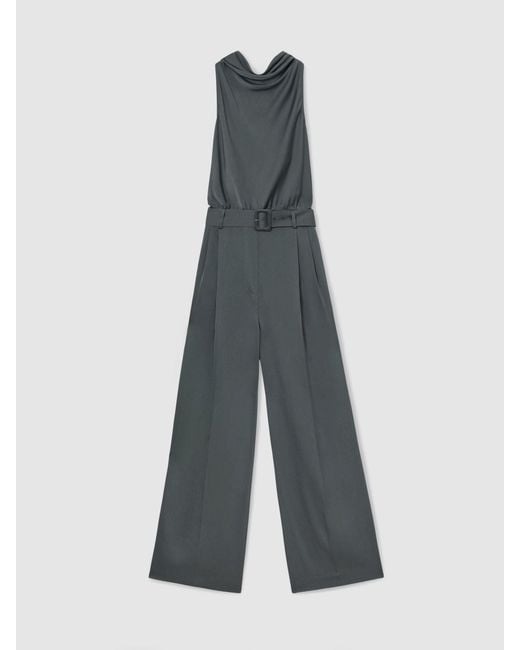 Reiss Gray Satin Cowl-Neck Wide-Leg Jumpsuit