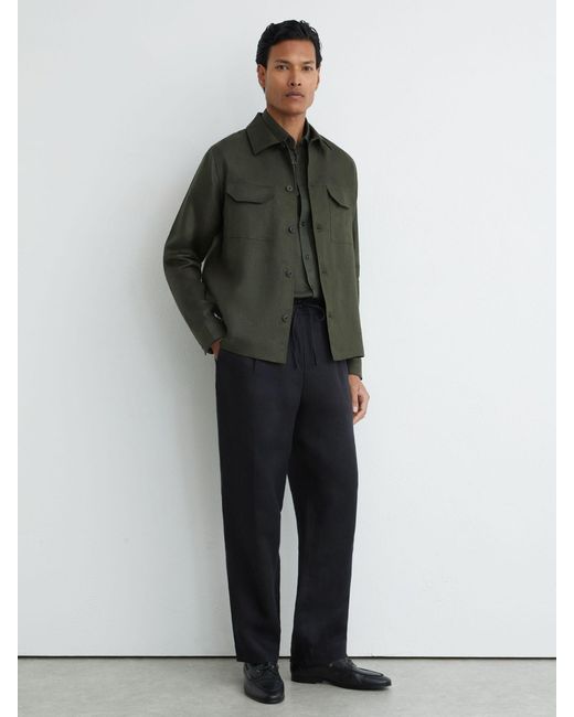 Reiss Green Linen Herringbone-Stripe Regular-Fit Shirt for men