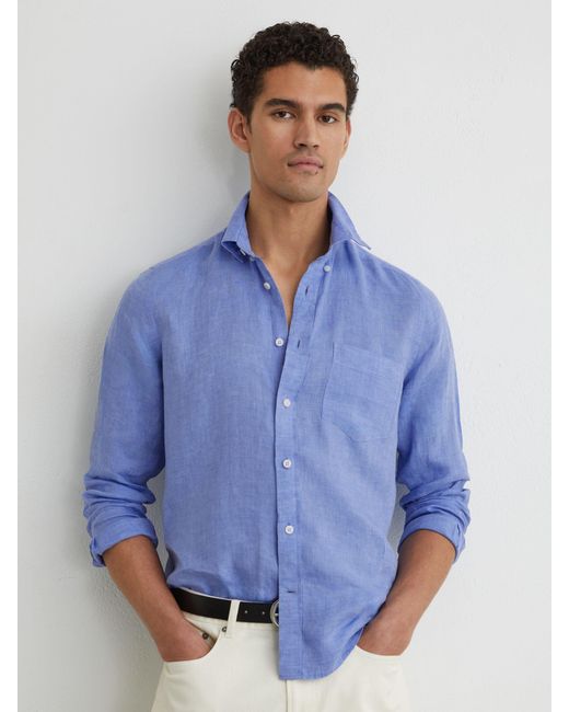 Reiss Queens - Buddy Blue Linen Regular-fit Button-down Shirt, L for men
