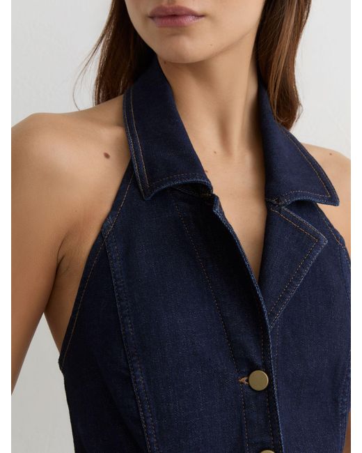 Reiss Blue Denim Halterneck Flared Jumpsuit