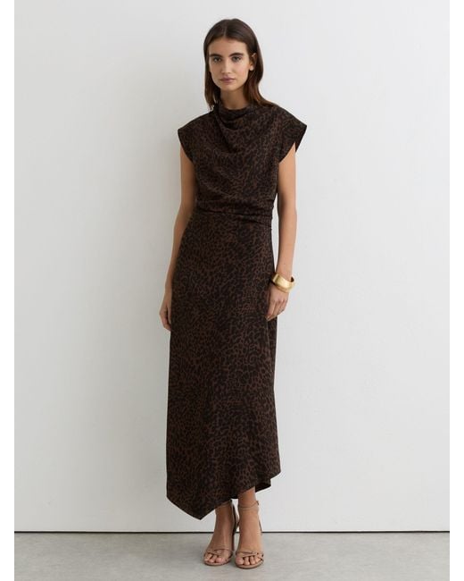 Reiss White Animal-Print Draped Midi Dress