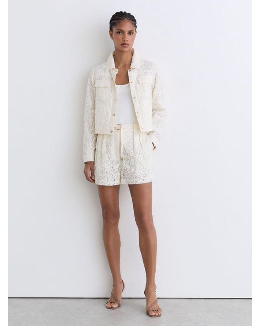 Reiss Natural Lori - White Collared Lace Press-stud Jacket, Us 10