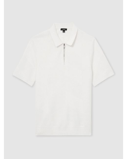 Reiss White Cotton-Blend Chevron-Knit Half-Zip Polo for men