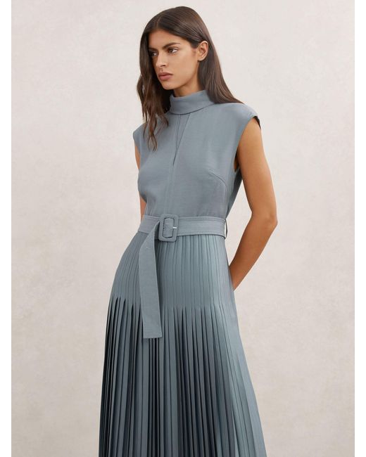 Reiss Blue Roll-Neck Belted Pleated Midi Dress