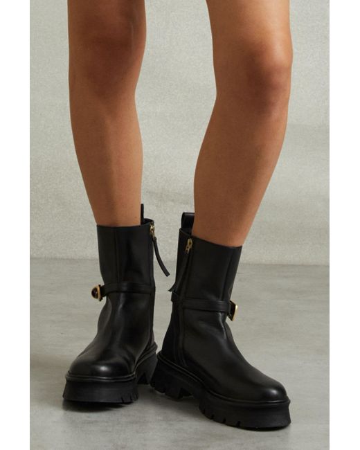 Reiss Black Leather Cleated Ankle Boots