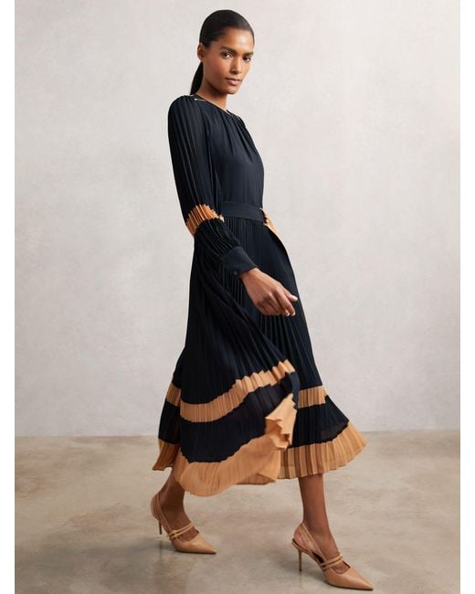 Reiss Blue Camel Colour-Block Pleated Midi Dress