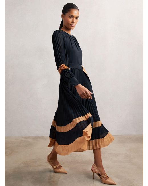 Reiss Blue Camel Colour-Block Pleated Midi Dress