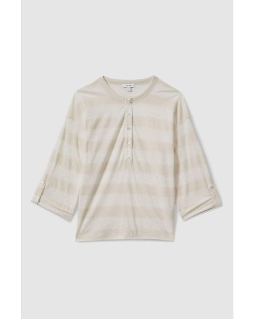 Reiss Natural Olivia - Neutral/ivory Linen-cotton Striped Henley Top, M