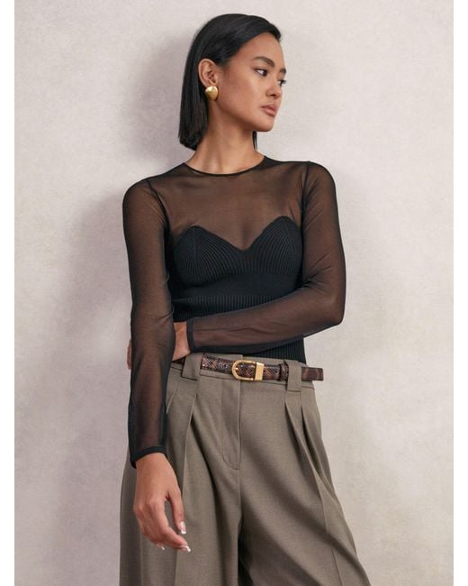 Reiss Brown Mesh Knit Sweetheart Long-Sleeve Top