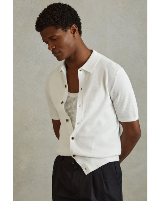 Reiss Natural Bravo - White Cotton Blend Textured Shirt, L for men