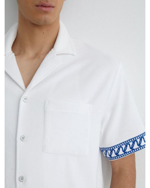 Reiss Blue Bleeker - White Cotton-blend Towelling Embroidered Shirt, Large for men
