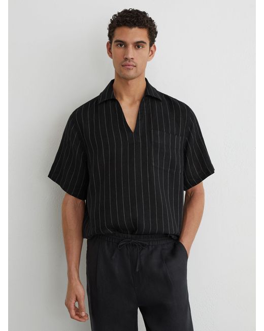 Reiss Gray Quest - Black Linen Pinstripe Open-collar Shirt, 2x-large for men