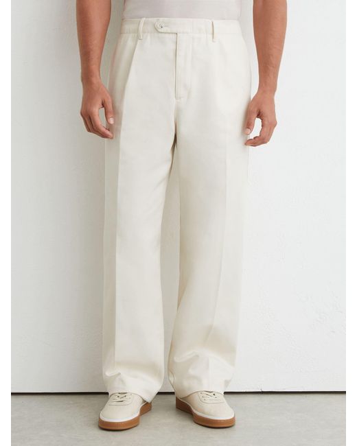 Reiss White Cotton Slub Pleated Relaxed-Fit Trousers for men