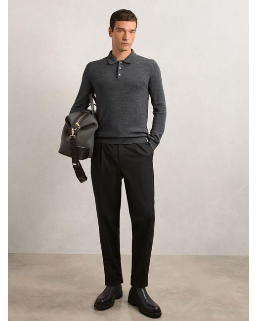 Reiss Gray Derby Marl Merino Wool Long-Sleeve Polo Shirt for men