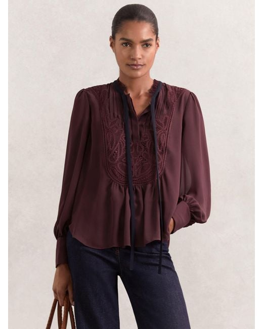 Reiss Lace-Embroidered Tie-Neck Shirt
