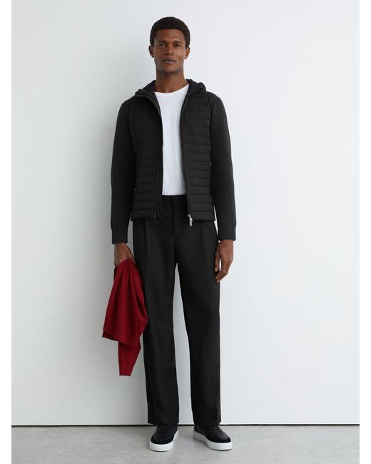 Reiss Black Quilted Hybrid Hooded Zip-Front Jacket for men