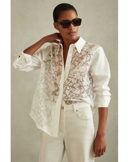 Reiss Natural Delaney - Ivory Cotton Burnout Floral Shirt