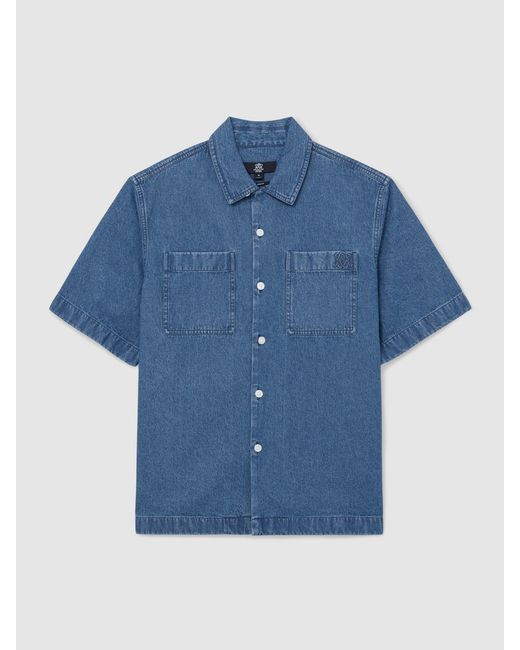 Reiss Blue Monogram-Embossed Relaxed Denim Shirt for men