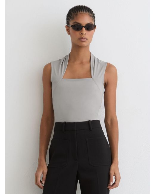 Reiss White Harri - Grey Square-neck Ruched Sleeveless Top, Us 6