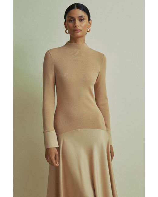 Florere Natural Hybrid Knit-Satin Midi Dress