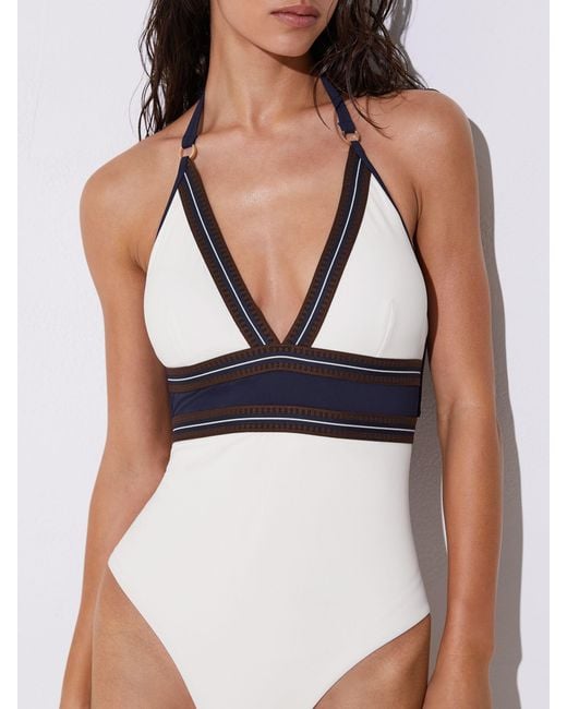 Reiss White Giana - Ivory/navy Colour-block Halterneck Swimsuit, Us 2