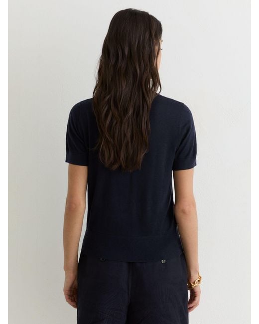 Reiss Blue Livy - Navy Short-sleeve Knitted Top With Linen, M (us 8-10)